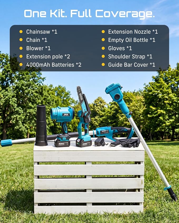 SEESII 4-in-1 Cordless 8 Inch Pole Chainsaw & Leaf Blower Battery Powered | 2 x 4000mAh Batteries, Adjustable 180° 560CFM Hand Blower, Electric Saw with 10FT Extension Pole for Tree Trimming, Lawn Care