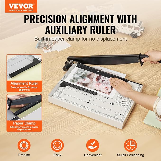 VEVOR Paper Cutter, Guillotine Trimmer, 15" Cut Length, 16 Sheets Capacity, Heavy Duty Guillotine Paper Cutter with Guard Rail/Blade Lock, Paper Trimmer for Home Office School
