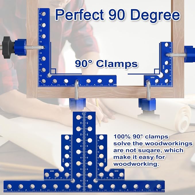 Corner Clamps for Woodworking, 8 Pcs 5.5"& 3.14" 90 Degree Aluminum Alloy Right Angle Clamp, Dual Scale Positioning Squares With Storage Box for Cabinets, Picture Frames, Drawers, For Man.(Blue).