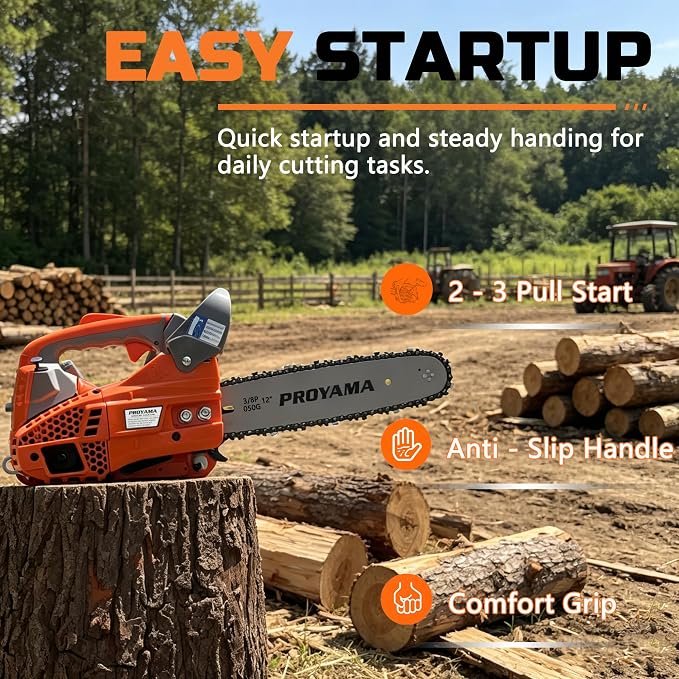 PROYAMA Gas Powered Top Handle Chainsaw, 12in Lightweight Petrol Chainsaw | 25.4cc Handheld Cordless Chain saw, EPA Certified, Easy Start Climbing Saw for Wood Cutting Tree Trimming Yard Work