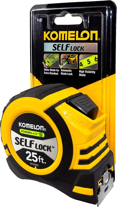 Komelon 25' x 1.06" Self-Lock Powerblade II Tape Measure, Yellow/Black, SL52425