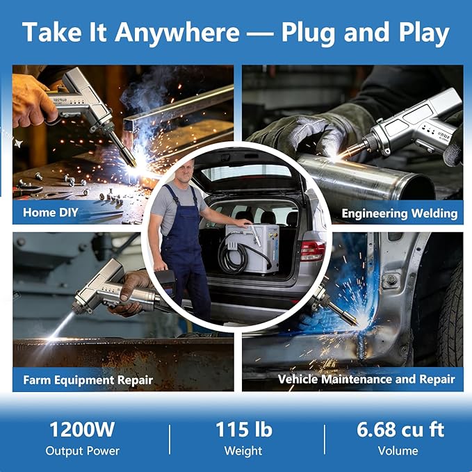4-in-1 Laser Welding Machine 1200W Built-in Wire Feeder Portable Air-Cooled Fiber Laser Welder/Cleaner/Cutter/Tack Welding/Weld Seam Cleaning for Metal 220V Industrial Welder | Home DIY