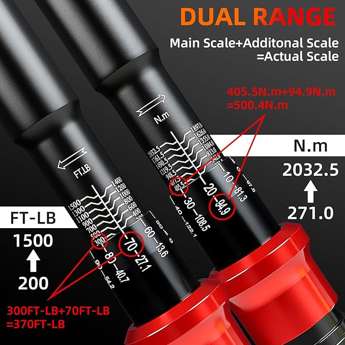 1-Inch Drive Torque Wrench 200-1500ft.lb/271.16-2033.73Nm, ±3% Precision Dual Direction Torque Wrenches with 24-Tooth Dual Range Scales with Ft.Lbs and N.m