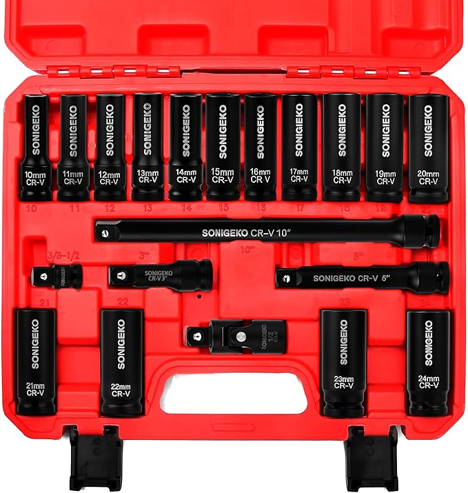 20-Piece 1/2" Drive Impact Socket Set, Metric(10mm-24mm） | Deep CR-V Steel Sockets with Extension Bars, Universal Joint and Adapter