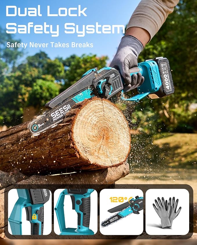 SEESII 4-in-1 Cordless 8 Inch Pole Chainsaw & Leaf Blower Battery Powered | 2 x 4000mAh Batteries, Adjustable 180° 560CFM Hand Blower, Electric Saw with 10FT Extension Pole for Tree Trimming, Lawn Care