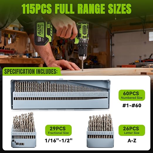 115 Pieces Cobalt Drill Bit Set, M35 High Speed Steel Twist Jobber Length Drill Bits for Stainless Steel Hard Metal and Cast Iron with Metal Indexed Case (1/16 Inch-1/2 Inch, A-Z, 1-60)