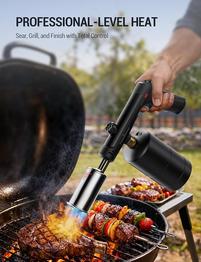ThermoMaven Propane Torch with One-Touch Max Fire, Cooking Blow Torch Gun with Safety Lock, Charcoal Lighter, Flame Thrower, Gas Welding Kit Kitchen Food Torch Head for Grill, Sous Vide, BBQ, Black