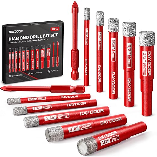 DAYDOOR Dry Diamond Drill Bits Set, 3/16" 1/4" 5/16" 3/8" 1/2" Diamond Hole Saw Kit for Porcelain Tile Ceramic Glass Marble Granite, Tile Drill Bits with Cooling Wax, Round Shank (12-Piece)