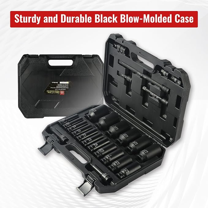 Reniteco 25-Piece 1/2" Drive Socket Set, SAE 3/8"-1-1/2", 6-Point, Cr-V | Deep Sockets, Extension Bars, 1/2"F-3/8"M & 3/8"F-1/2"M Reducers, Universal Joint, Ideal for Heavy-Duty Repairs