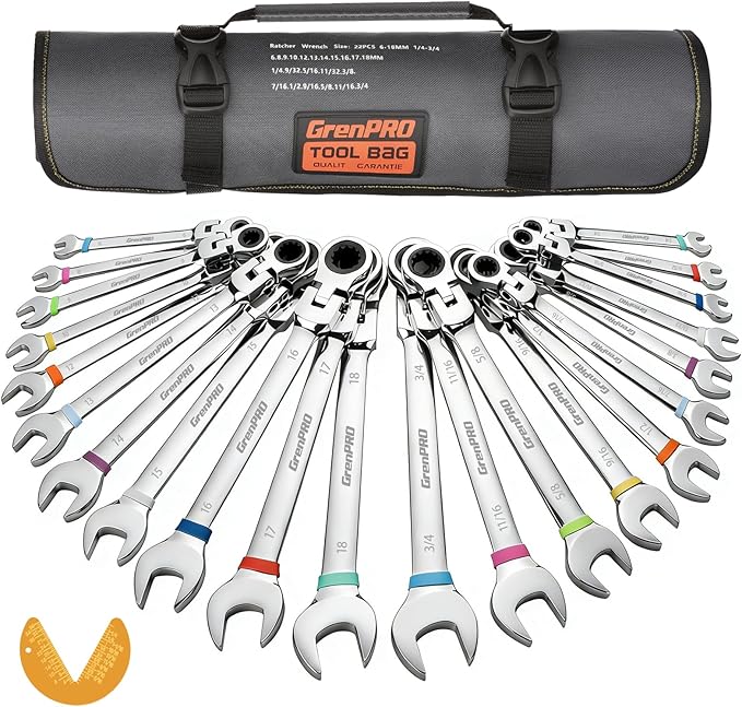 GRENPRO Ratchet Wrenches Set, 23PC Flex Head Ratcheting Wrench Set Metric and Standard & SAE, 6-18mm & 1/4" to 3/4" with Color Ring, CRV Open End Tool Organizer Pouch, Combination Ratchet Wrench Sets