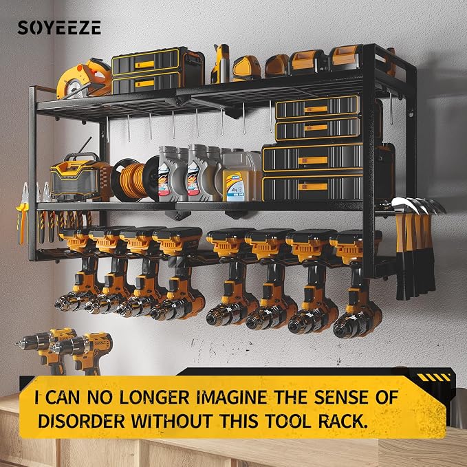 SOYEEZE Power Tool Organizer - 8 Drill & Screwdriver Wall Mount, 3 Layer Storage Rack with Hammer & Plier Holder