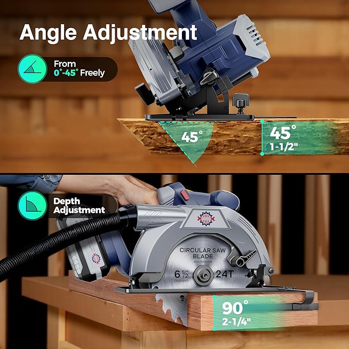 Brushless 20V 6-1/2In Cordless Circular Saw with Brake, 5600 RPM, 4.0Ah Battery Circular Saw Kit with Fast Charger, Cutting Depth 2-1/4" (90°), Adjustable 0-45°Bevel Capability, 2 Blades (24T+60T)