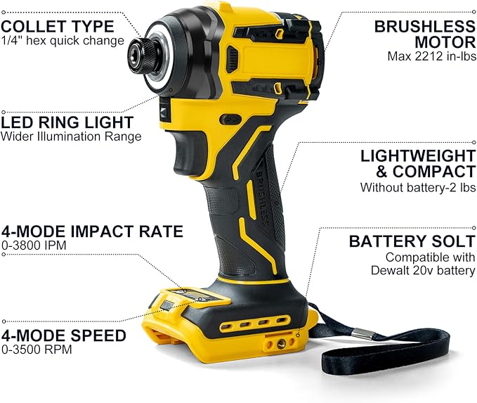 1/4-Inch Impact Driver Compatible with Dewalt 20V 60V Max Battery (Tool Only), 2212 in-lbs Torque, 4-Speed, Brushless Motor, LED Light