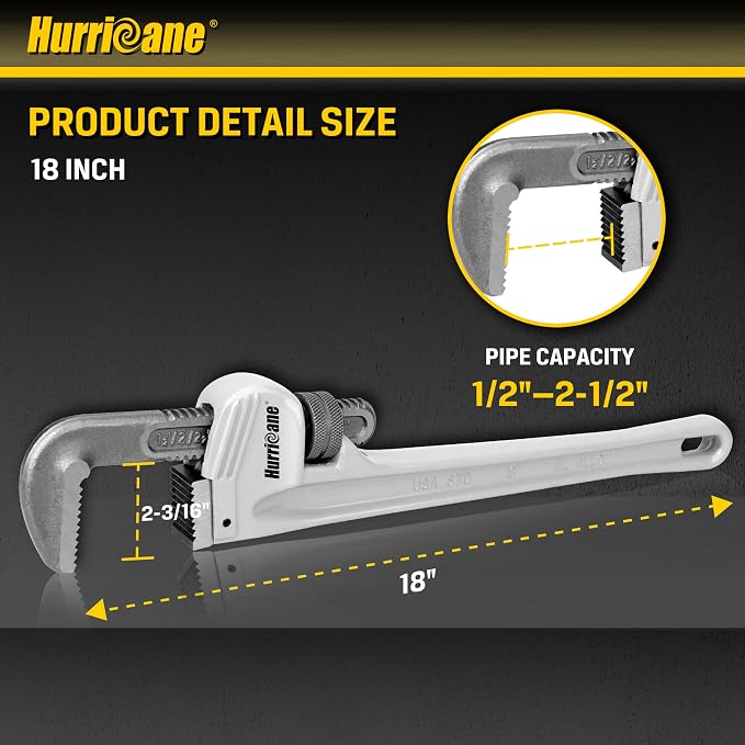 HURRICANE 18-Inch Aluminum Pipe Wrench | Heavy Duty, Adjustable Plumbing Wrench, Straight Handle, 40% Lighter Weight