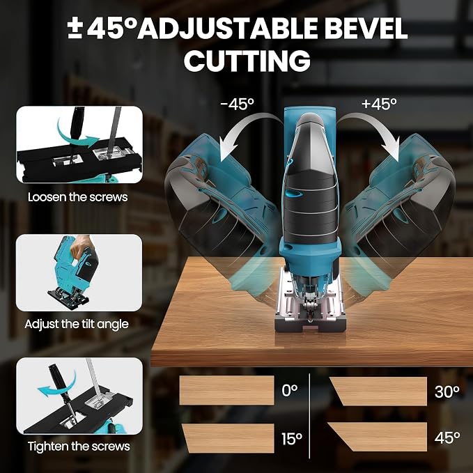 Jig Saw Compatible with 18V Battery | Cordless JigSaw with Built-in LED Light, 45 Deg Bevel, 3 Orbital Settings for Straight/Bevel Cutting & Metal(No Battery)