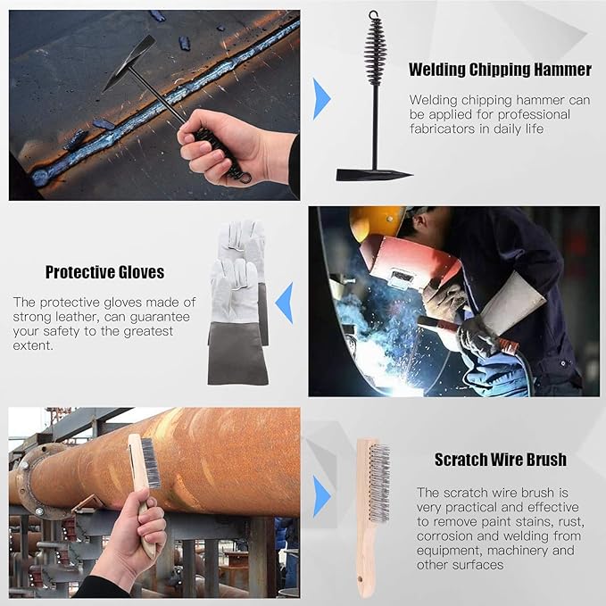 Glarks 4Pcs 10'' Chipping Hammer With Coil Spring Handle and Wire Brush, Pair of Welding Gloves for Removing Slag and Residue