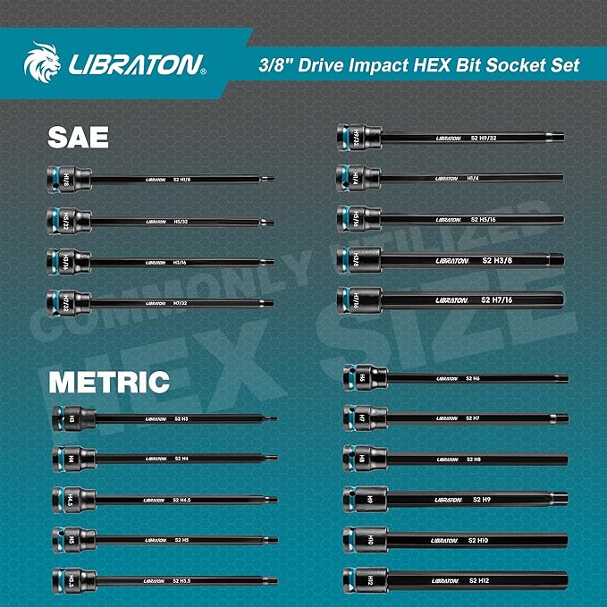 LIBRATON 3/8" Drive Long Impact Hex Bit Socket Set, Allen Bit Sockets | S2 Steel Hex Head Sockets, 20PCS Allen Wrench Socket, SAE&Metric Allen Bit Socket Set, 6" Long Allen Key Socket