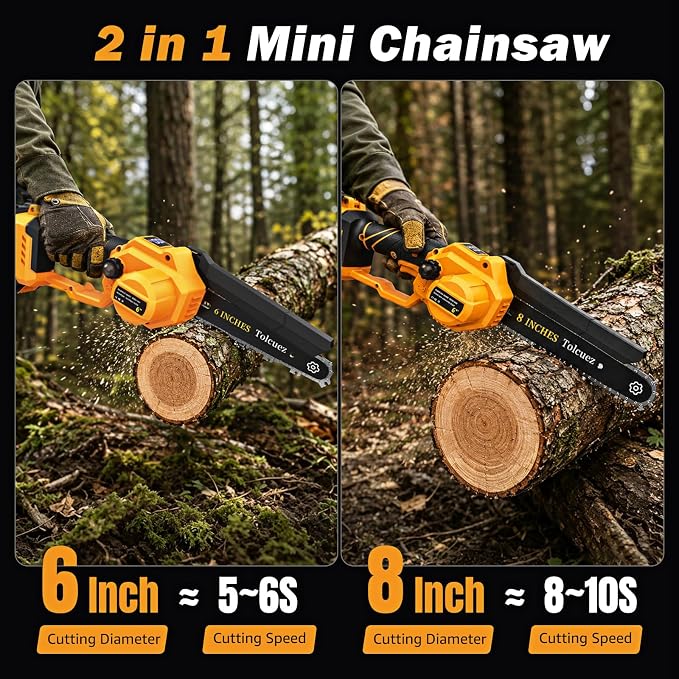Mini Chainsaw Cordless,6 Inch & 8 Inch Electric Chainsaw with LED Display,2 Batteries Brushless Motor Battery Powered Chainsaw,Handheld Saw for Tree Branches and Garden Cutting