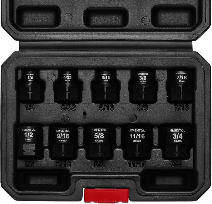 EMENTOL 3/8" Drive Stubby Impact Socket Set, SAE, 1/4"-3/4", Low Profile Impact Nano Sockets, 10-Piece, CR-MO