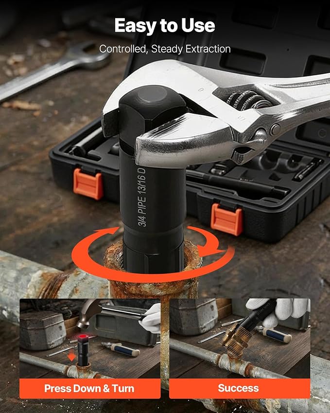 VEVOR Pipe Extractor Set, 9 Pieces Heavy Duty Steel Broken Pipe Extractors, with Solid Storage Case, Cr-Mo Steel for Removing 1/8" to 1" Damaged Threaded Pipes and Fittings, for Plumbers Mechanics DIY
