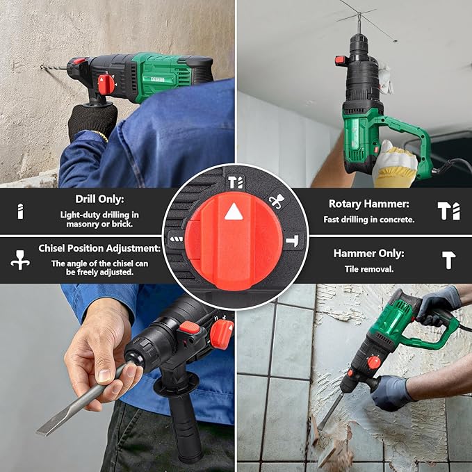 1" SDS Plus Lightweight Rotary Hammer Drill with 1/2" Keyless Chuck Adapter, 9 Amp 4 Functions Corded Variable Speed Rotomartillo with Safety Clutch for drilling in Concrete Masonry Wood Metal