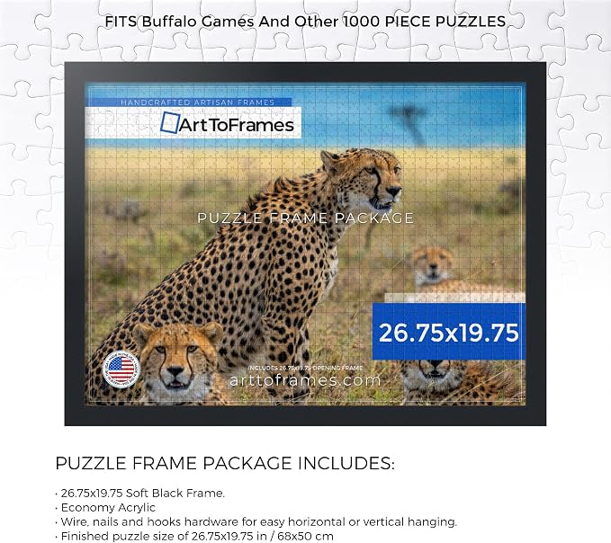 ArtToFrames Puzzle Frame for Buffalo Games 1000 Piece Jigsaw Puzzles, 26.75x19.75 Inch (68x50 cm), Soft Black Engineered Wood with Economy Acrylic, Ready to Hang Puzzle Display