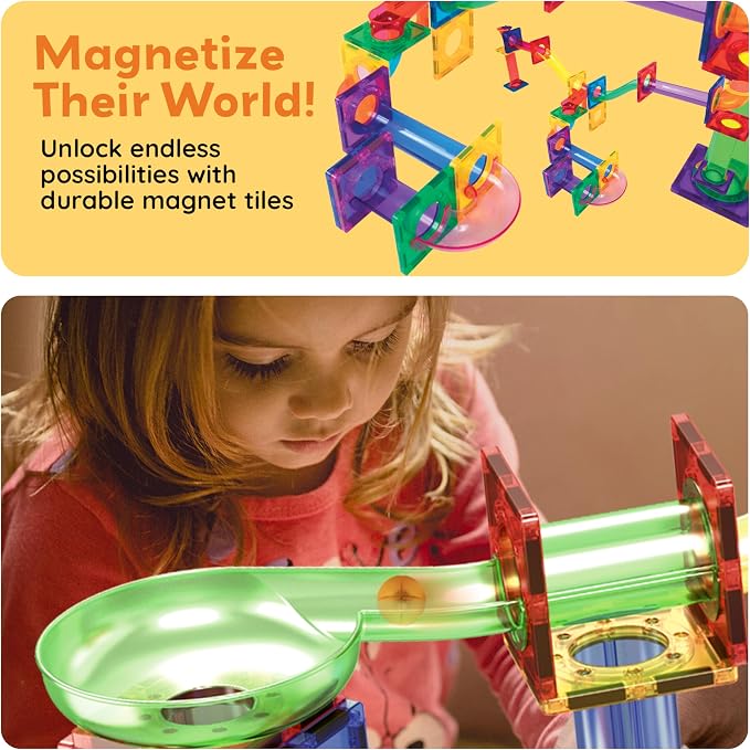 PicassoTiles 108 Pcs Marble Run with Race Track Set with Magnetic Tiles Cars and Marbles STEM Learning Toy 3-in-1 Building Construction Kit for Indoor Activity Development Boys & Girls Ages 3+ PTG108