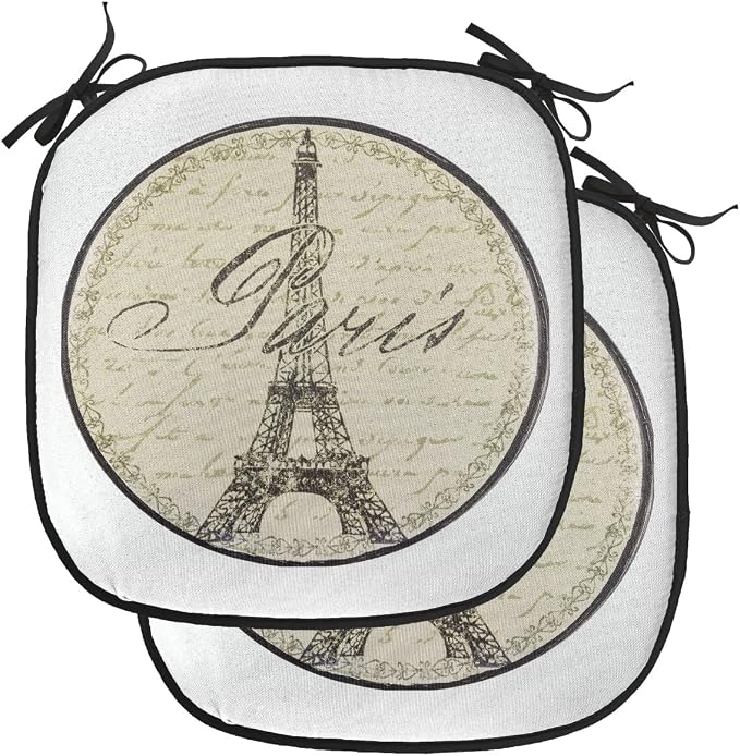 Lunarable Paris Chair Cushion Pads Set of 2, Vintage Wall Sign France Theme Famous Landmark Tourism Travel Destination, Anti-Slip Seat Padding for Kitchen & Patio, 16"x16", Khaki Black White