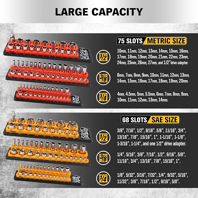 ELEAD Magnetic Socket Holder Organizer Set - 6-Piece Durable 1/2, 1/4, 3/8 Inch Drive Holder, Tool Box Storage Tray for Wrench, Screwdriver, Mechanic Tools, Portable Toolbox Accessory
