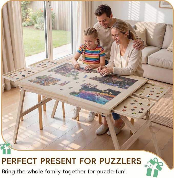 TEAKMAMA 27.6"H 2000Pcs Puzzle Table with Legs,4 Drawers for Adults,Natural | 41" W x 28.5" D Wood Folding Jigsaw Puzzle Board with Protective Cover