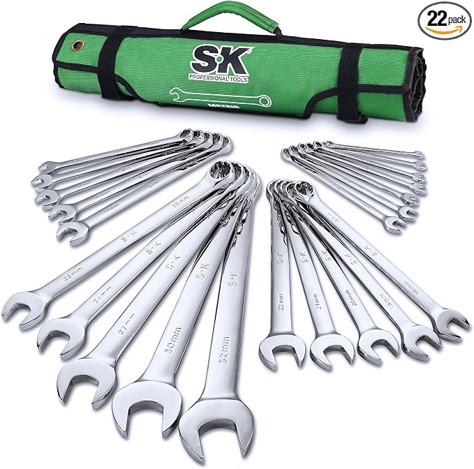 SK Combination Wrench Set, Metric 6 to 32mm, 22-Piece, Premium CR-V Steel | SuperKrome Finish, Drop Forged, 12-Point Wrenches, 15-Degree Offset, with Rolling Pouch