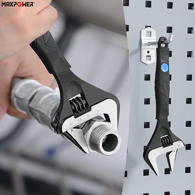 MAXPOWER 8-inch Wide Jaw Adjustable Wrench, 1.6" Jaw Opening, Soft Grips | Stubby Plumbing Wrench, Cr-V Steel, Smooth Jaws