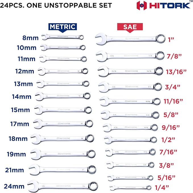 Hitork 24-Piece Combination Wrench Set, SAE (1/4"–1") & Metric (8–24mm), Cr-V Steel, Mirror Chrome Finish, 12-Point Box End, 15° Offset, with Roll Pouch – Ideal for Home, Garage & Auto Repair | Mirror chrome finish, raised box ends and organized roll u...