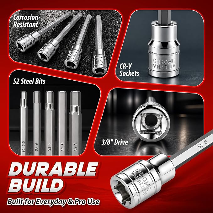 JETMORE 19PCS 3/8" Drive Allen Socket Set, Extra Long Hex Bit Socket Set | SAE & Metric hex socket set, S2 steel & CR-V allen wrench socket set, allen key socket for ratchets, auto repair, mechanics