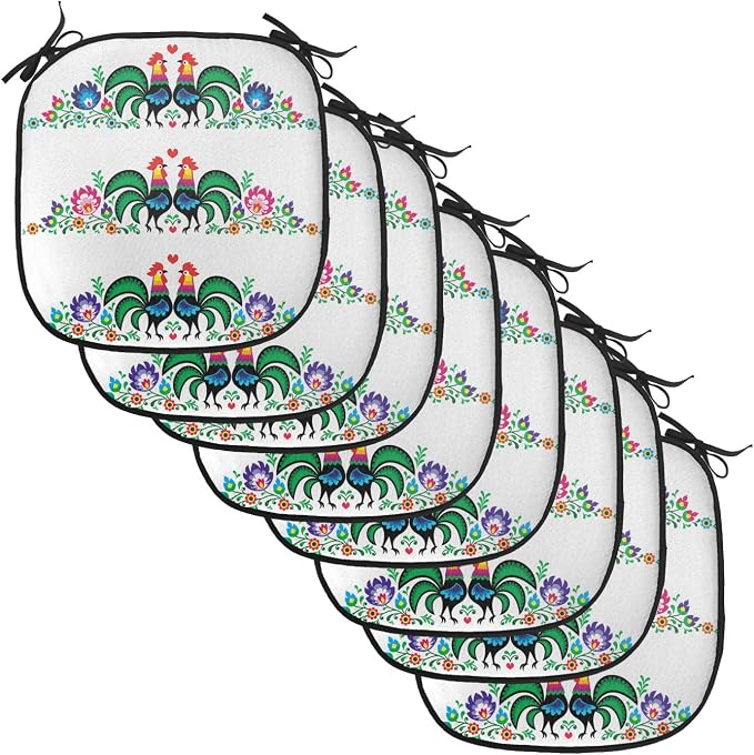 Lunarable Gallus Chair Cushion Pads Set of 8, Roosters Polish Culture Slavic European Classics Art, Anti-Slip Seat Padding for Kitchen & Patio, 16"x16", Orange Green Pink