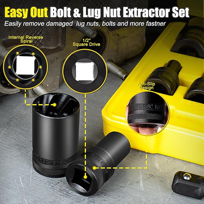 Topec 14PCS Lug Nut Removal Tool, 1/2" Drive Lug Nut Extractor Set, 10-25mm Stripped Lug Nut Remover Socket, Wheel Lock Removal Kit for Damaged, Rusted, Rounded Bolts, Tire Lug Nuts