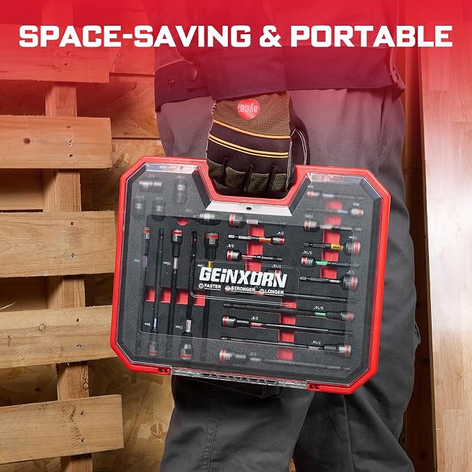 Geinxurn 25Pieces Magnetic Nut Driver Set for Impact Drill Metric and SAE Sizes with Plastic Tool Box Storage, Built for Professional & DIY Projects
