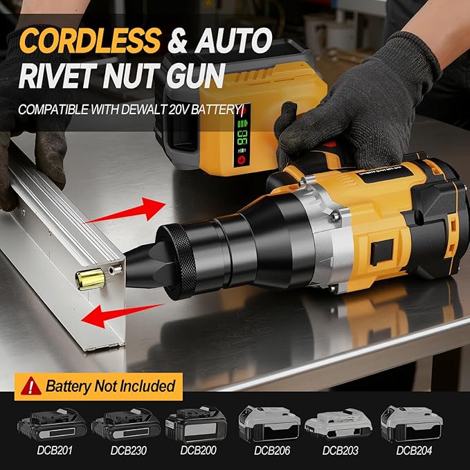 Cordless Rivet Nut Gun for Dewalt 20V Max Battery, Electric Rivet Nut Tool with 1/4", 5/16", 3/8" Nut Head, Portable Battery Powered Rivetnut Tool, Auto Mode & Memory Mode, Tool Only