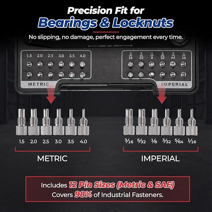 25 Piece Pin Spanner Wrench Set,42CRMO Heat-Treated,Nickel-Plated Finish,Adjustable Spanner Wrench for Bearings,Pulleys & Lock Nuts,Metric & Imperial Precision Pin Wrench,160mm Arms,180° Rotation