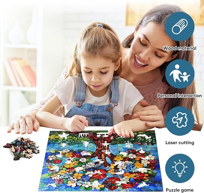 Delobil Mosaic Art Flower Tree Wooden Puzzle for Adults, 5mm Thick Stained Glass with 200 Unique Shaped Pieces, Challenge Puzzle Gift for Adults, 11.2 x 11.2 Inches