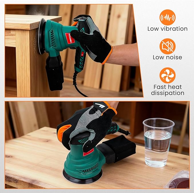 HYCHIKA 5-Inch Random Orbital Sander, 13000RPM Electric Palm Sander with 6 Variable Speeds, Powerful Motor, 12PCS Sandpapers and Efficient Dust Collection Bag, for Woodworking, Finishing and Polishing