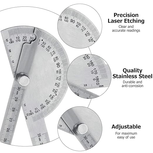 Angle Protractor Angle Finder Ruler Two Arm Stainless Steel Protractor Woodworking Ruler Measure Tool with 0-180 Degrees(30 cm/ 11.8 Inch)