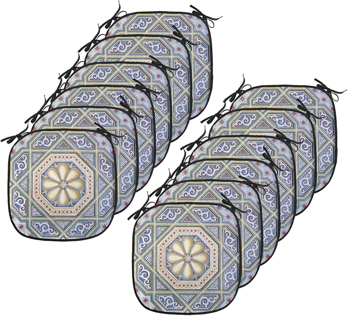 Lunarable Moroccan Chair Cushion Pads Set 12, Image of a Carving Art Flower Doorway Entrance Geometric, Anti-Slip Seat Padding for Kitchen & Patio, 16"x16", Blue Pale Yellow Redwood