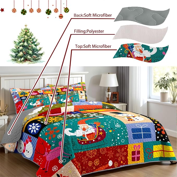 Merry Christmas Patchwork Green Quilt Set King- Santa Claus Gift Snowman Checkered Printed Holiday Bedding Set - Soft Microfiber Lightweight Comforter Coverlet Bedspread(Gift, King(90"x104"))