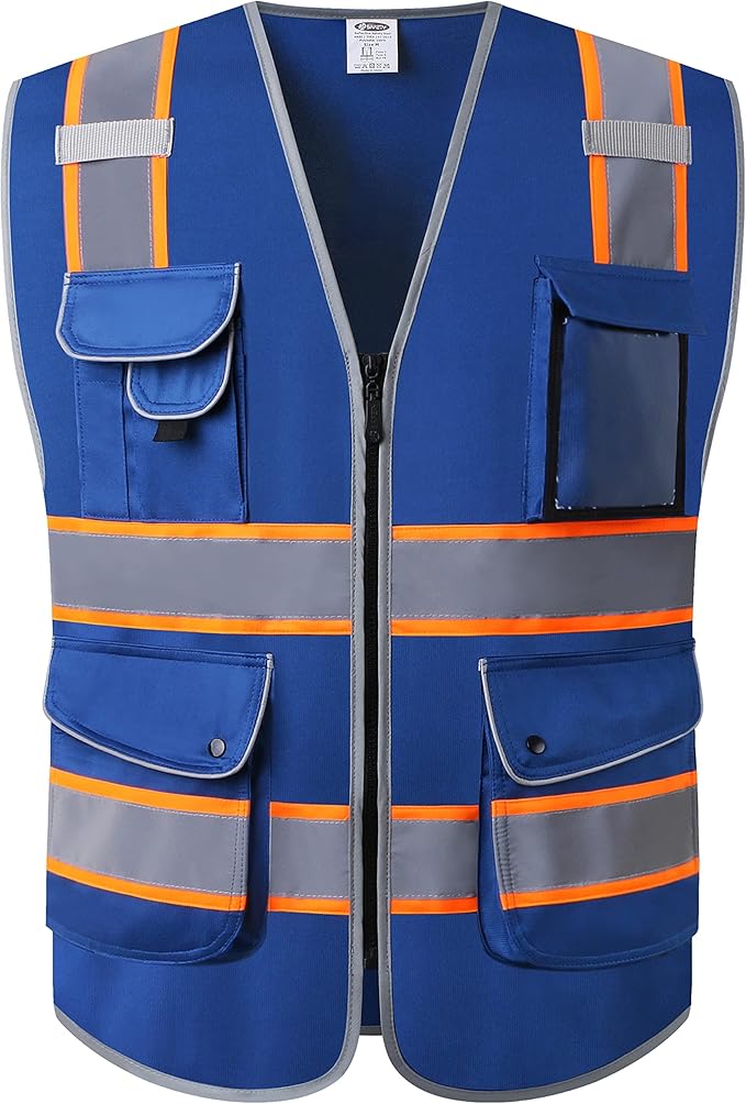 JKSafety 9 Pockets High Visibility Zipper Front Safety Vest | Blue with Dual Tone High Reflective Strips | Meets ANSI/ISEA Standards (901-Blue, 3X-Large)