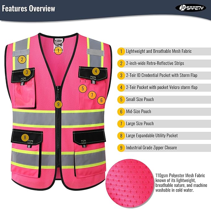 JKSafety Hi Vis Reflective Safety Vests for Men Women High Visibility Vest with Pockets Mesh Fabric Construction Safety Apparel Neon Vest for Work (220-Pink M)