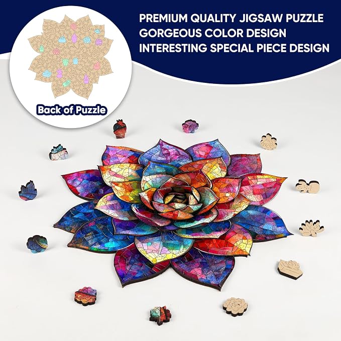 Delobil Wooden Puzzles for Adults 500 Pieces, Stained Glass Succulent Jigsaw Puzzles, Unique Shaped Plant Puzzle Gift for Kids, Family Puzzle Game, 16.5 x 16.3 Inches