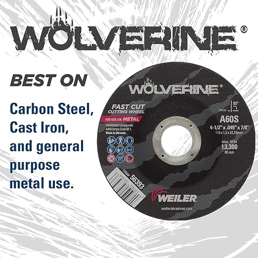 Weiler 56385 4-1/2 Inch Cutting Wheel, Wolverine AO Steel/Metal Fast Cutting, 3/32" A24T Type 27 5/8"-11 Hub, Pack of 10