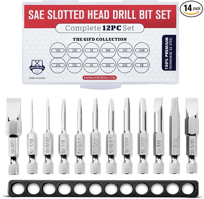 Slotted Screwdriver Bit Set | Premium12pc Complete SAE Set Bit Holder and Storage case Precision 1/4in Hex Shank Magnetic Flat Head Drive Bits Set 2 in Long Security Set for Drill Impact Drivers