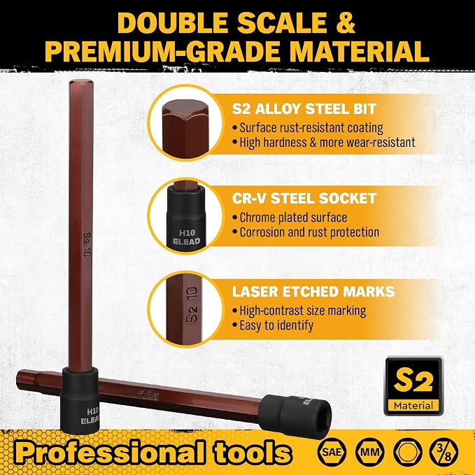 Extra-Long Allen Hex Bit Socket Set: 20-Piece 3/8 Inch Drive, 150mm S2 Steel, Standard SAE & Metric (1/8-Inch - 7/16-Inch, 3-12mm) for Impact Drills and Ratchet Wrenches
